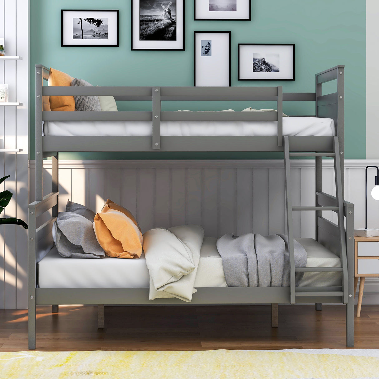 Twin over Full Bunk Bed with ladder, Safety Guardrail, Perfect for Bedroom, Gray - Home Elegance USA