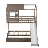 Twin Over Twin Bunk Bed with Two Storage Drawers and Slide, House-Shaped Wood Bunk Bed, Antique Gray (OLD SKU:LP000089AAE) - Home Elegance USA