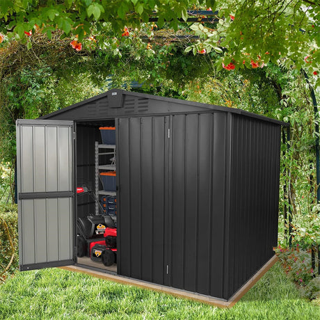 Outdoor Storage Shed 8.2'x 6.2', Metal Garden Shed for Bike, Trash Can, Galvanized Steel Outdoor Storage Cabinet with Lockable Door for Backyard, Patio, Lawn (8.2x6.2ft, Black)