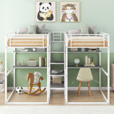 Double Twin over Twin Metal Bunk Bed with Desk, Shelves and Storage Staircase, White - Home Elegance USA