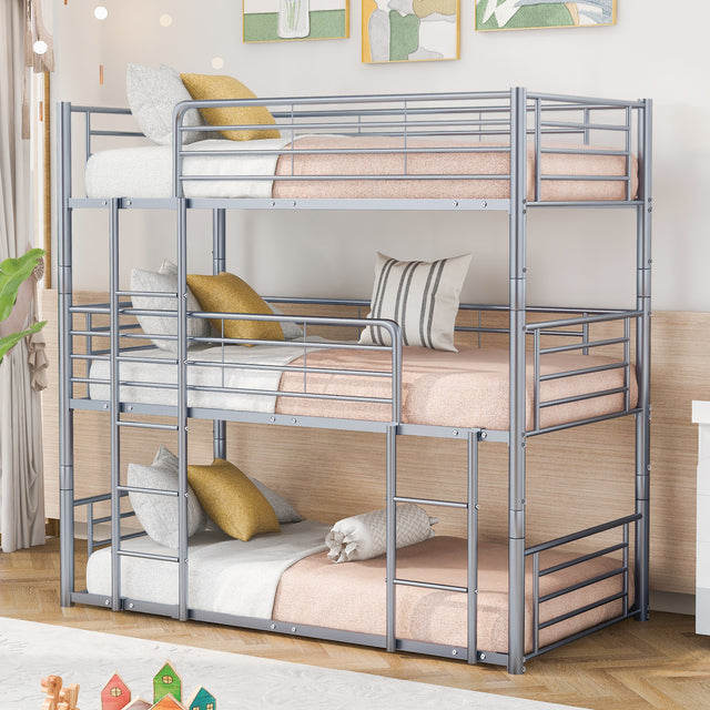 Twin-Twin-Twin Triple Bed with Built-in Ladder, Divided into Three Separate Beds,Gray(OLD SKU:LP000097AAE) - Home Elegance USA