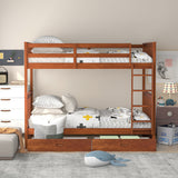 Twin-Over-Twin Bunk Bed with Ladders and Two Storage Drawers (Walnut) - Home Elegance USA