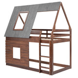 Wood Twin Size House Bunk Bed with Roof, Ladder and 2 Windows, Oak & Smoky Grey(Expected Arrival Time: 8.2) - Home Elegance USA