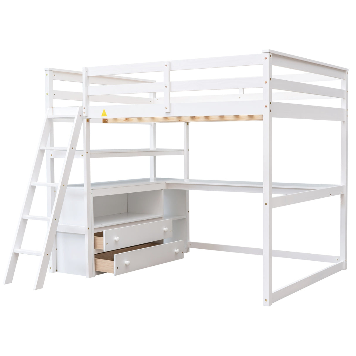 Full Size Loft Bed with Desk and Shelves,Two Built-in Drawers,White - Home Elegance USA