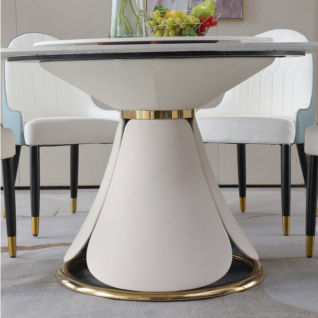 59.05"Modern Sintered stone dining table with 31.5" round turntable with wood and metal exquisite pedestal with 8 pcs Chairs . - Home Elegance USA