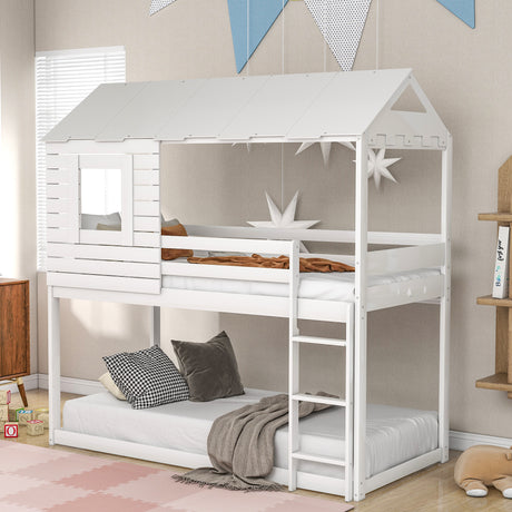 Twin Over Twin Bunk Bed Wood Loft Bed with Roof, Window, Guardrail, Ladder (White) (OLD SKU :LP000062AAK) - Home Elegance USA