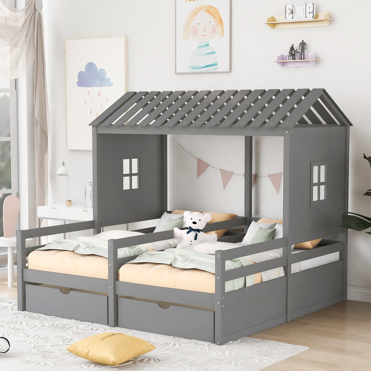 Twin Size House Platform Beds with Two Drawers for Boy and Girl Shared Beds, Combination of 2 Side by Side Twin Size Beds,Grey - Home Elegance USA
