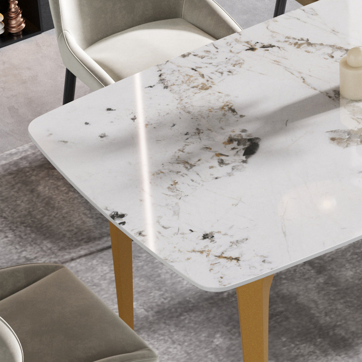 70.87"Modern artificial stone Pandora white curved golden metal leg dining table-can accommodate 6-8 people - Home Elegance USA