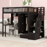 Twin size Loft Bed with Bookshelf,Drawers,Desk,and Wardrobe-Espresso - Home Elegance USA