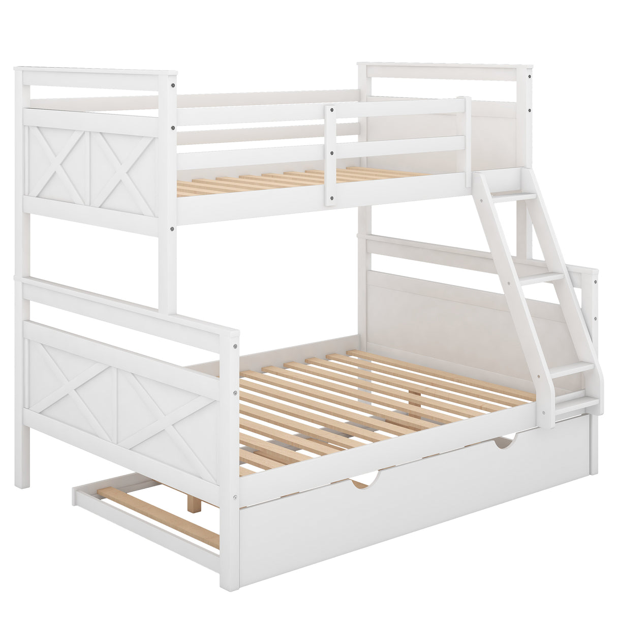 Twin over Full Bunk Bed with Ladder, Twin Size Trundle, Safety Guardrail, White - Home Elegance USA