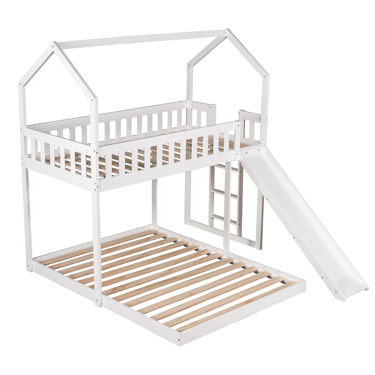 Twin over Full House Bunk Bed with Slide and Built-in Ladder,Full-Length Guardrail,White - Home Elegance USA