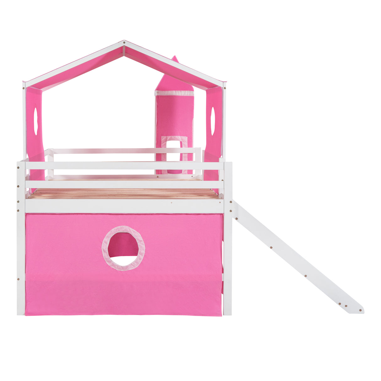 Full Size Bunk Bed with Slide Pink Tent and Tower - Pink - Home Elegance USA