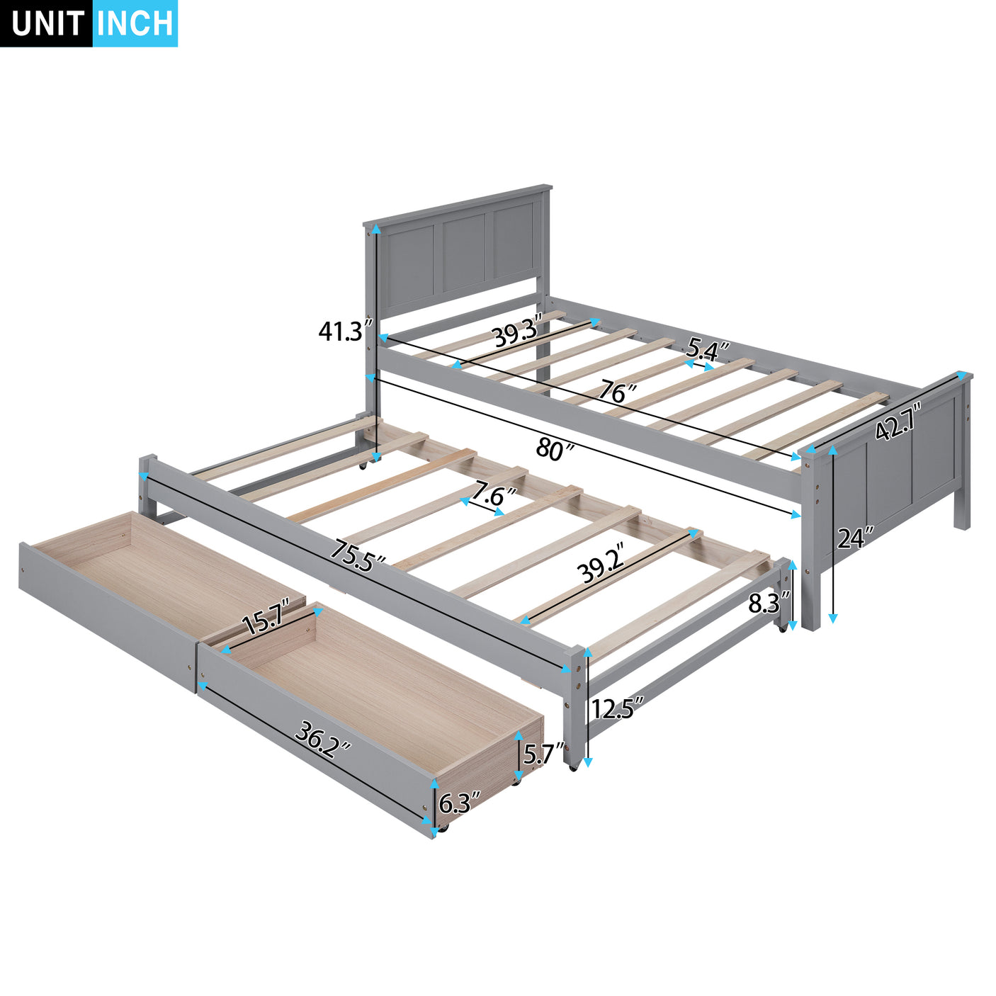 Twin Size Platform Bed with Trundle and Drawers, Gray - Home Elegance USA