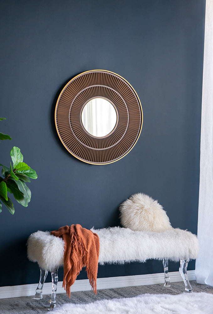 31.5x1x31.5" Round Carter Wooden Mirror with Gold Iron Frame Neutral Colorway Wall Decor for Live space, Bathroom, Entryway Wall Decor - Home Elegance USA