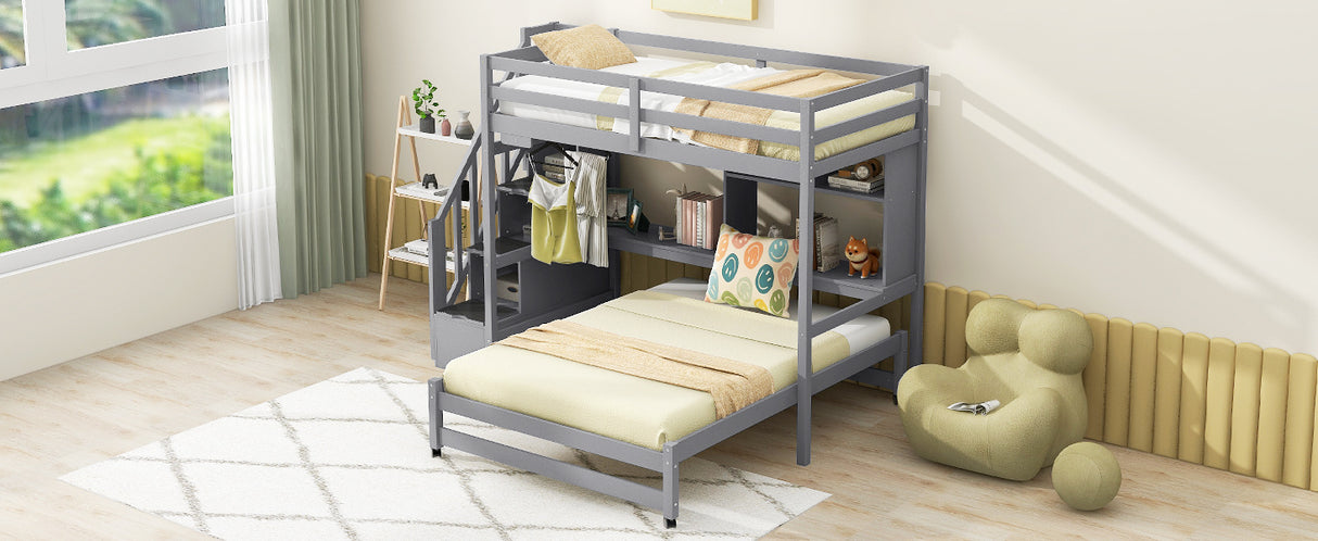 Twin over Full Bunk Bed with Storage Staircase, Desk, Shelves and Hanger for Clothes, Gray - Home Elegance USA