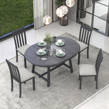 TREXM 5-Piece Wood Dining Table Set Round Extendable Dining Table with 4 Dining Chairs, Dining Room Table Set for 4 person for Dining Room