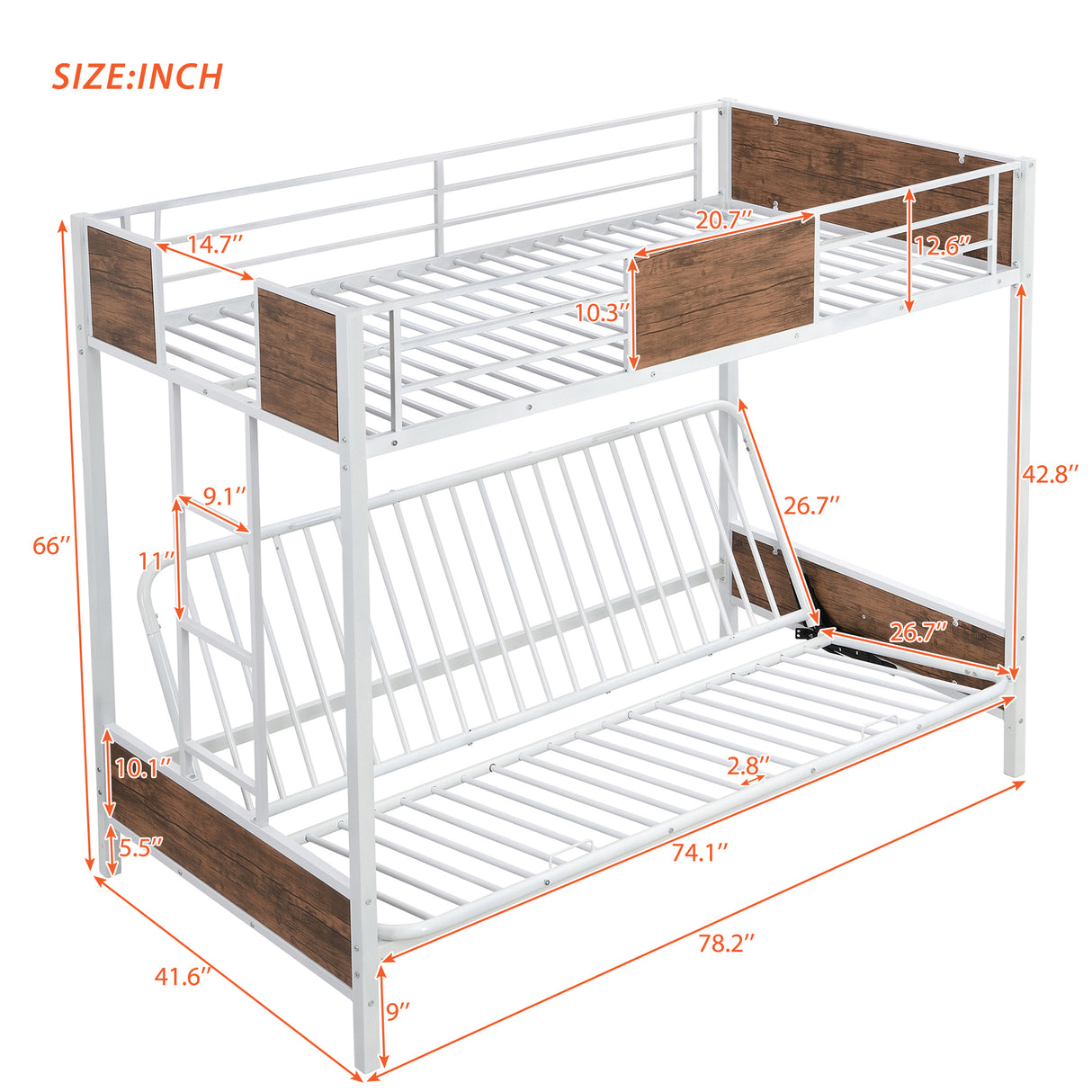 Twin-Over-Futon Bunk Bed, Metal Futon Bunk Bed Frame with Guardrails and Ladder(White)(OLD SKU:LP000096AAK) - Home Elegance USA