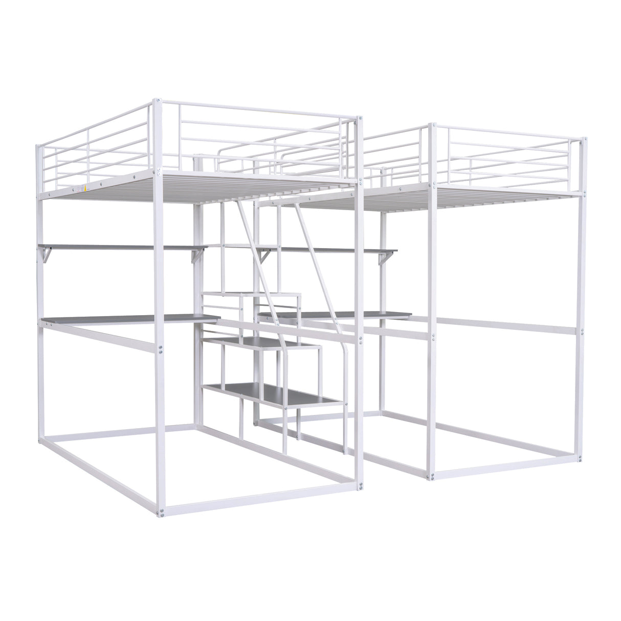 Double Twin over Twin Metal Bunk Bed with Desk, Shelves and Storage Staircase, White - Home Elegance USA