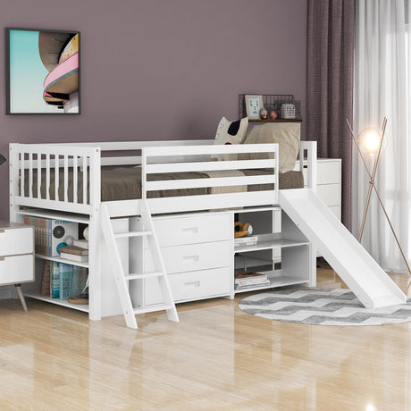 Low Loft Bed with Attached Bookcases and Separate 3-tier Drawers,Convertible Ladder and Slide,Twin,White - Home Elegance USA