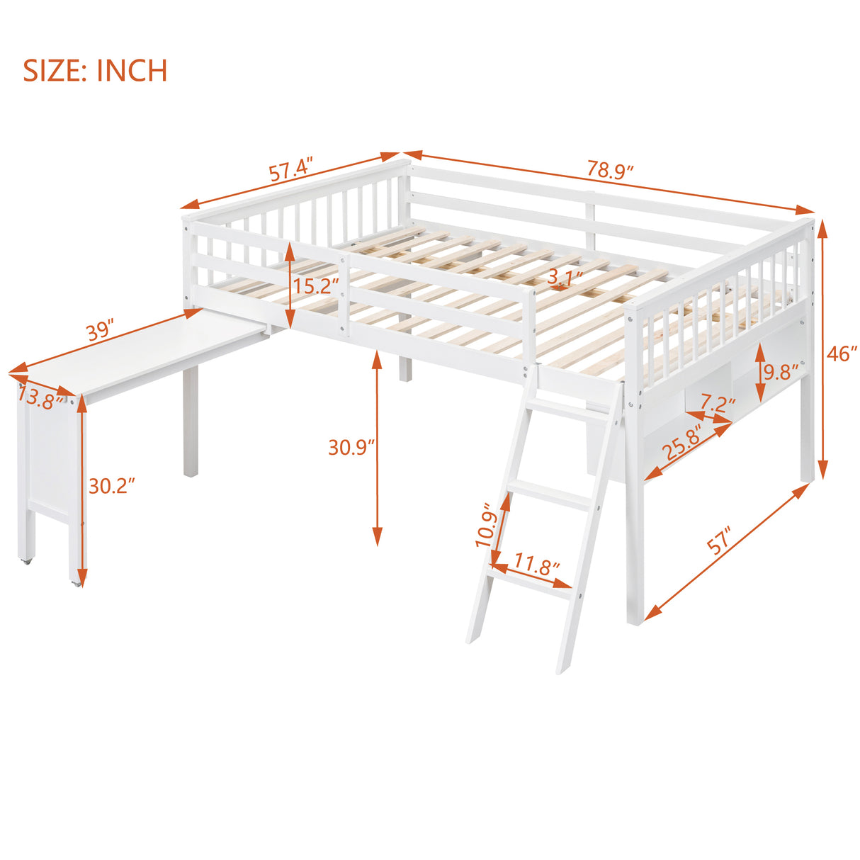 Full Size Loft Bed With Removable Desk and Cabinet, White - Home Elegance USA