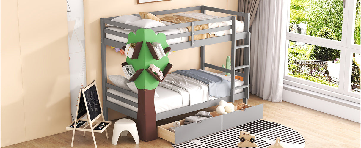 Twin-Over-Twin Bunk Bed with  a Tree Decor and Two Storage Drawers, Gray - Home Elegance USA