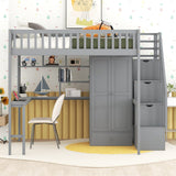 Full size Loft Bed with Bookshelf,Drawers,Desk,and Wardrobe-Gray - Home Elegance USA