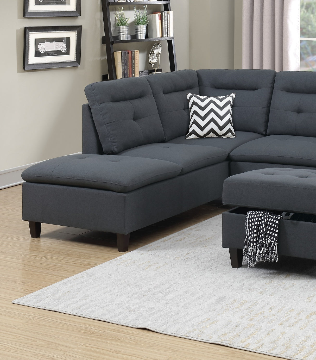 Living Room Furniture Charcoal Cushion Sectional w Ottoman Linen Like Fabric Sofa Chaise - Home Elegance USA