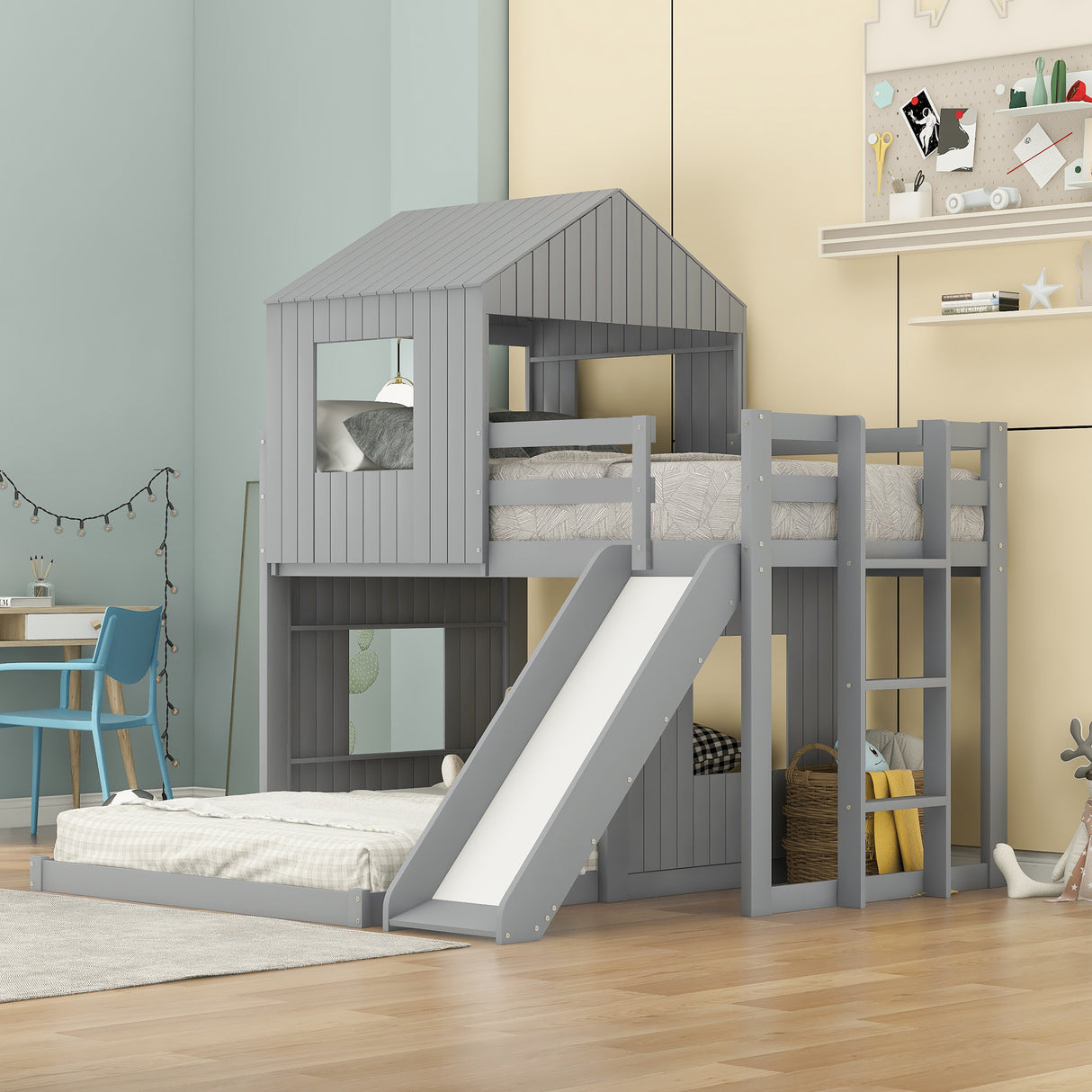 Wooden Twin Over Full Bunk Bed, Loft Bed with Playhouse, Farmhouse, Ladder, Slide and Guardrails, Gray(OLD SKU :LT000028AAN) Home Elegance USA