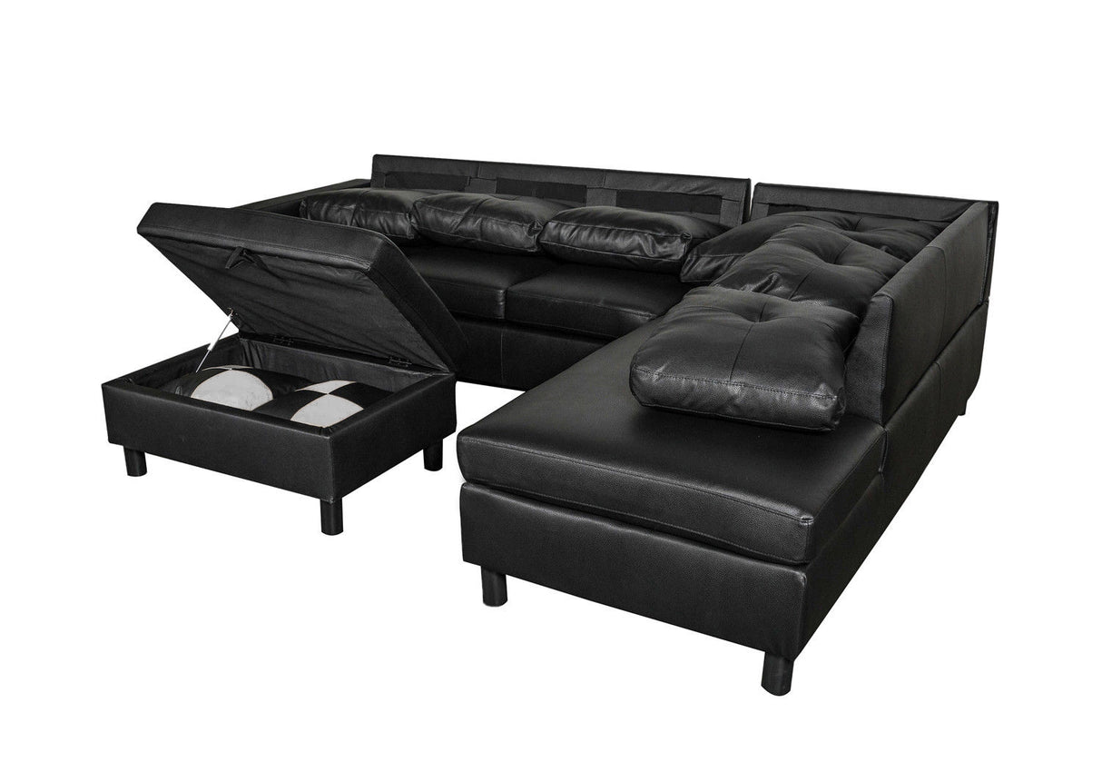 3 PC Sectional Sofa Set, (Black) Faux Leather left - Facing Sofa with Free Storage Ottoman | Home Elegance USA