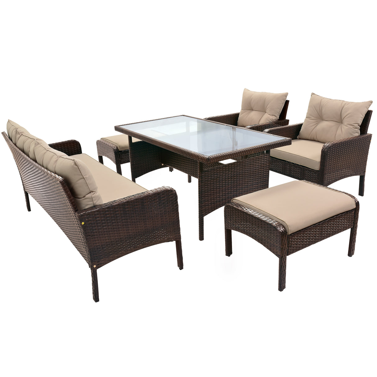 TOPMAX 6-Piece Outdoor Patio PE Wicker Rattan Sofa Set Dining Table Set with Removable Cushions and Tempered Glass Tea Table for Backyard, Poolside, Deck, Brown Wicker+Light Coffee Cushion