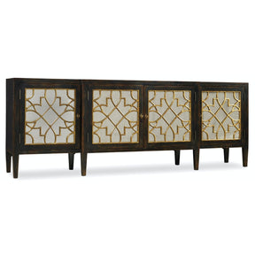 Sanctuary Four-Door Mirrored Console – Ebony Finish with Gold Leaf Fretwork – Hooker