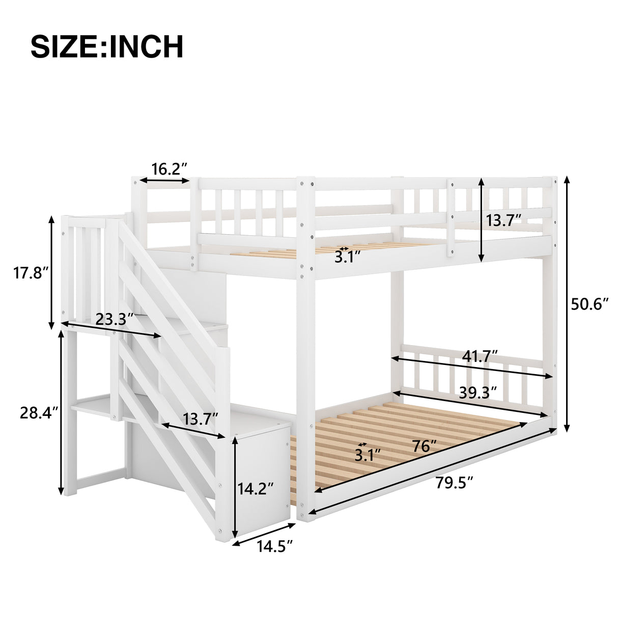 Twin over Twin Floor Bunk Bed, Ladder with Storage, White - Home Elegance USA