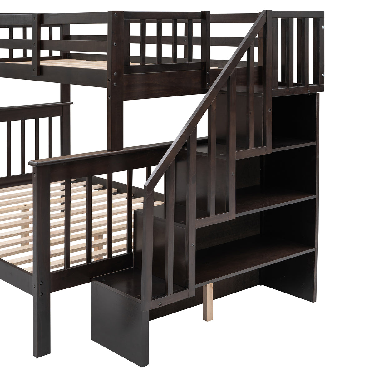 Stairway Twin-Over-Full Bunk Bed with Drawer, Storage and Guard Rail for Bedroom, Dorm, for Adults, Espresso color( old sku: LP000219AAP ) - Home Elegance USA