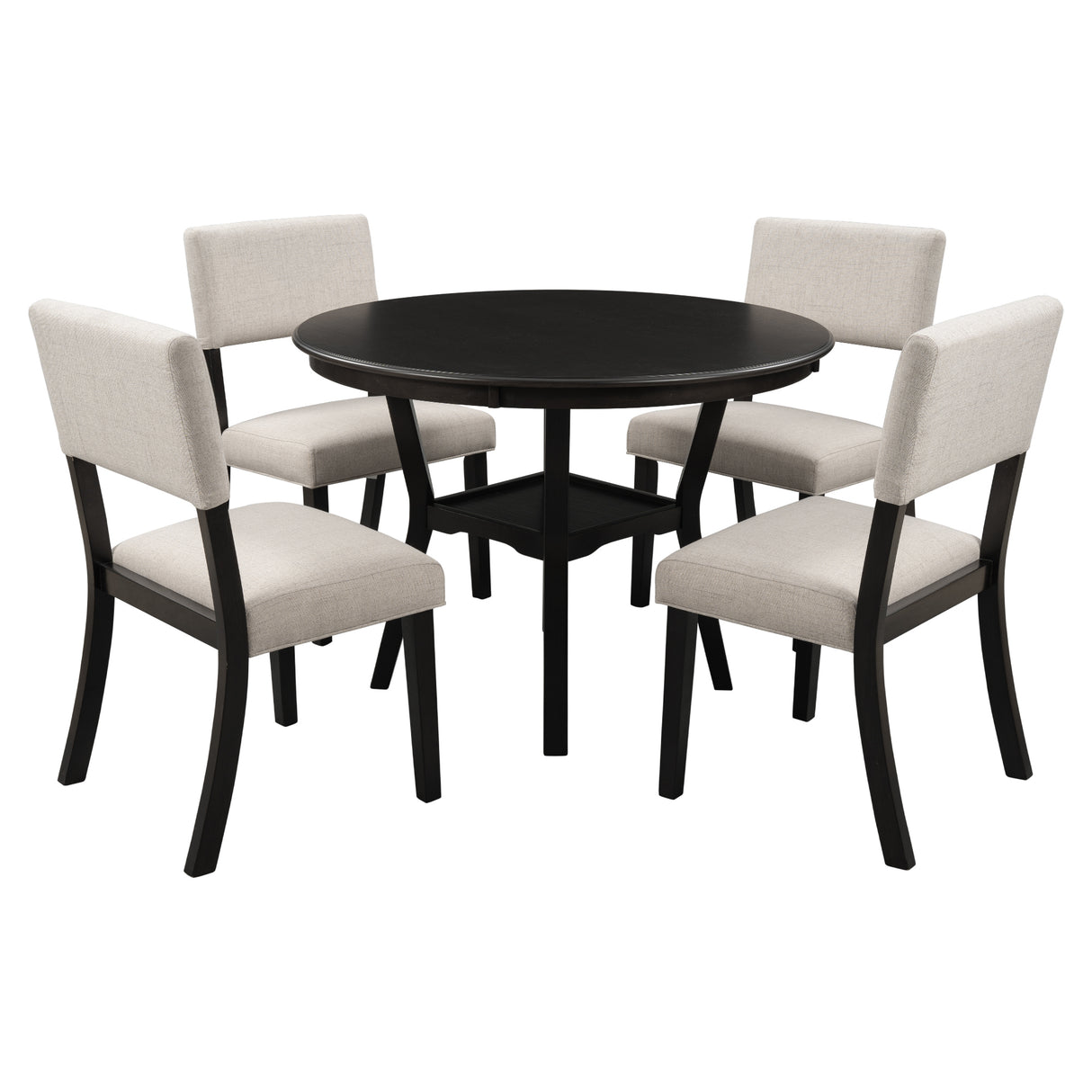 TREXM 5-Piece Kitchen Dining Table Set Round Table with Bottom Shelf, 4 Upholstered Chairs for Dining Room（Espresso） - Home Elegance USA