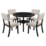 TREXM 5-Piece Kitchen Dining Table Set Round Table with Bottom Shelf, 4 Upholstered Chairs for Dining Room（Espresso） - Home Elegance USA