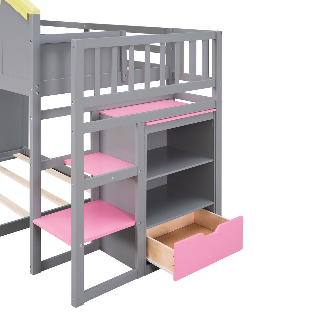 Twin over Full House Bunk Bed with Pink Staircase and Drawer,  Shelves Under the Staircase, House Shaped Bed with Windows, Gray - Home Elegance USA