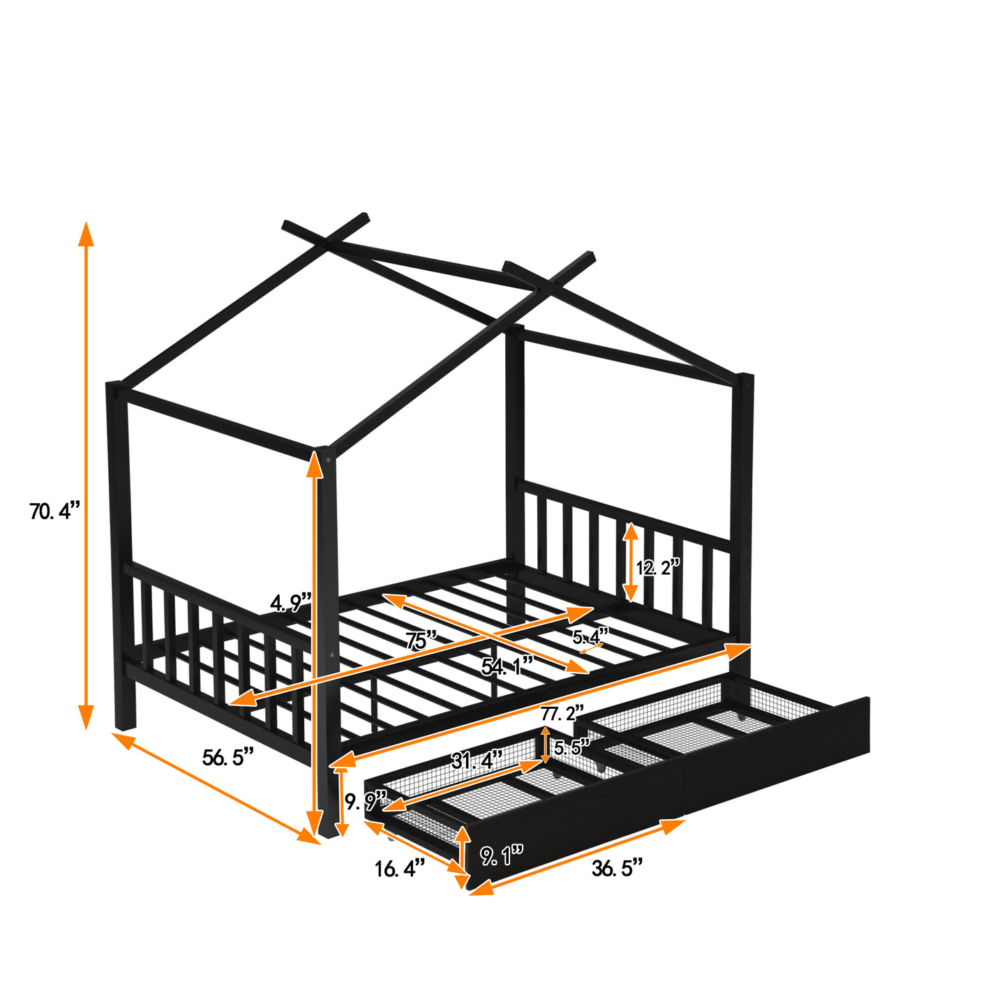 Full Size Metal House Platform Bed with Two Drawers,Headboard and Footboard,Roof Design,Black - Home Elegance USA