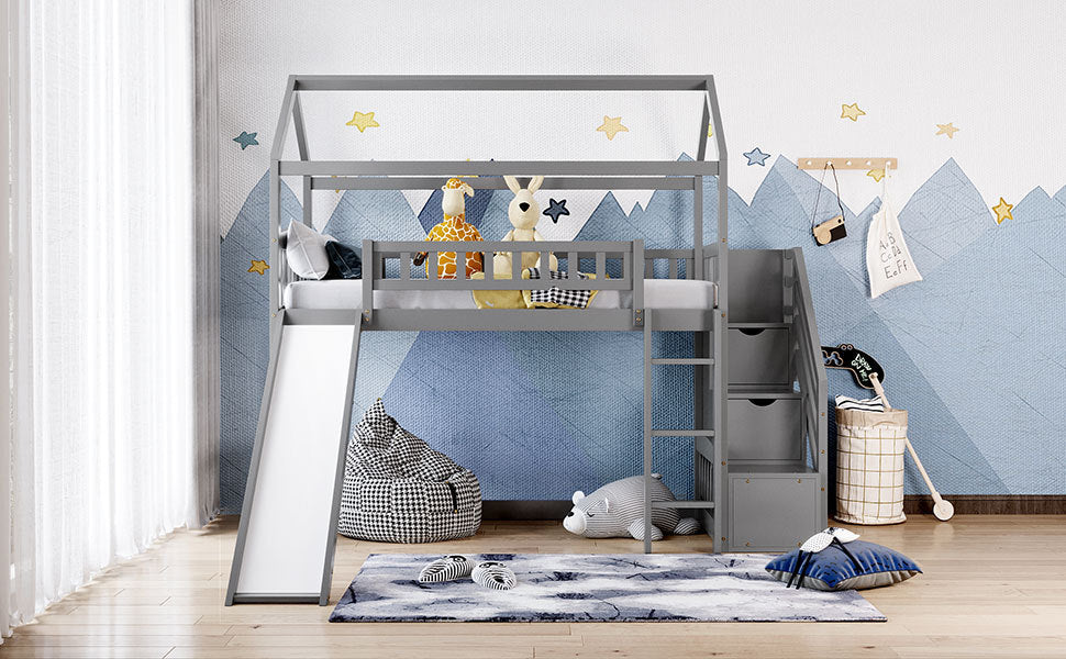 Twin Loft Bed with Two Drawers and Slide, House Bed with Slide,Gray (OLD SKU:LP000030AAE) - Home Elegance USA