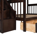 Twin over Full L-Shaped Bunk Bed With 3 Drawers, Ladder and Staircase - Espresso - Home Elegance USA