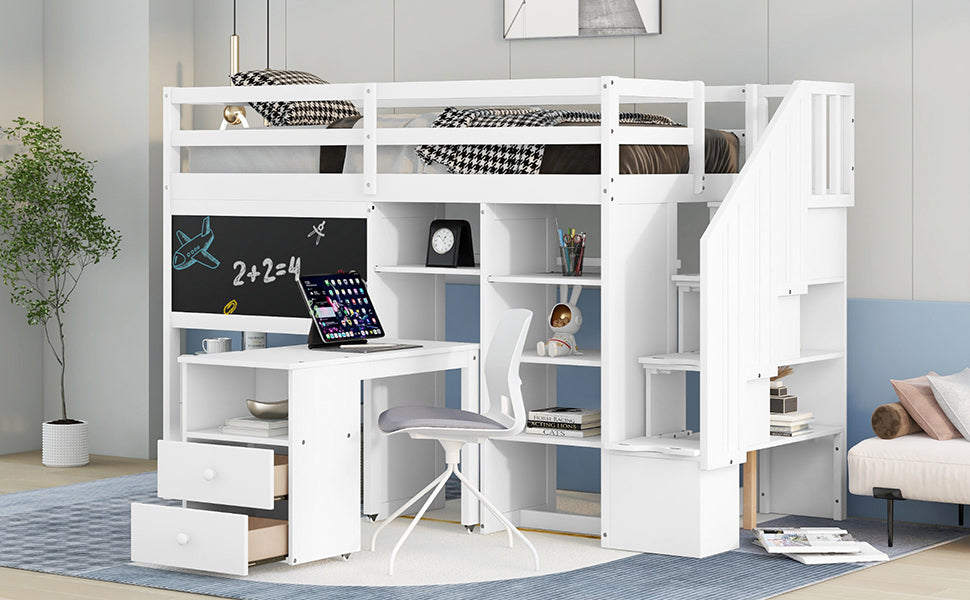 Twin Size Loft Bed with Pullable Desk and Storage Shelves,Staircase and Blackboard,White - Home Elegance USA