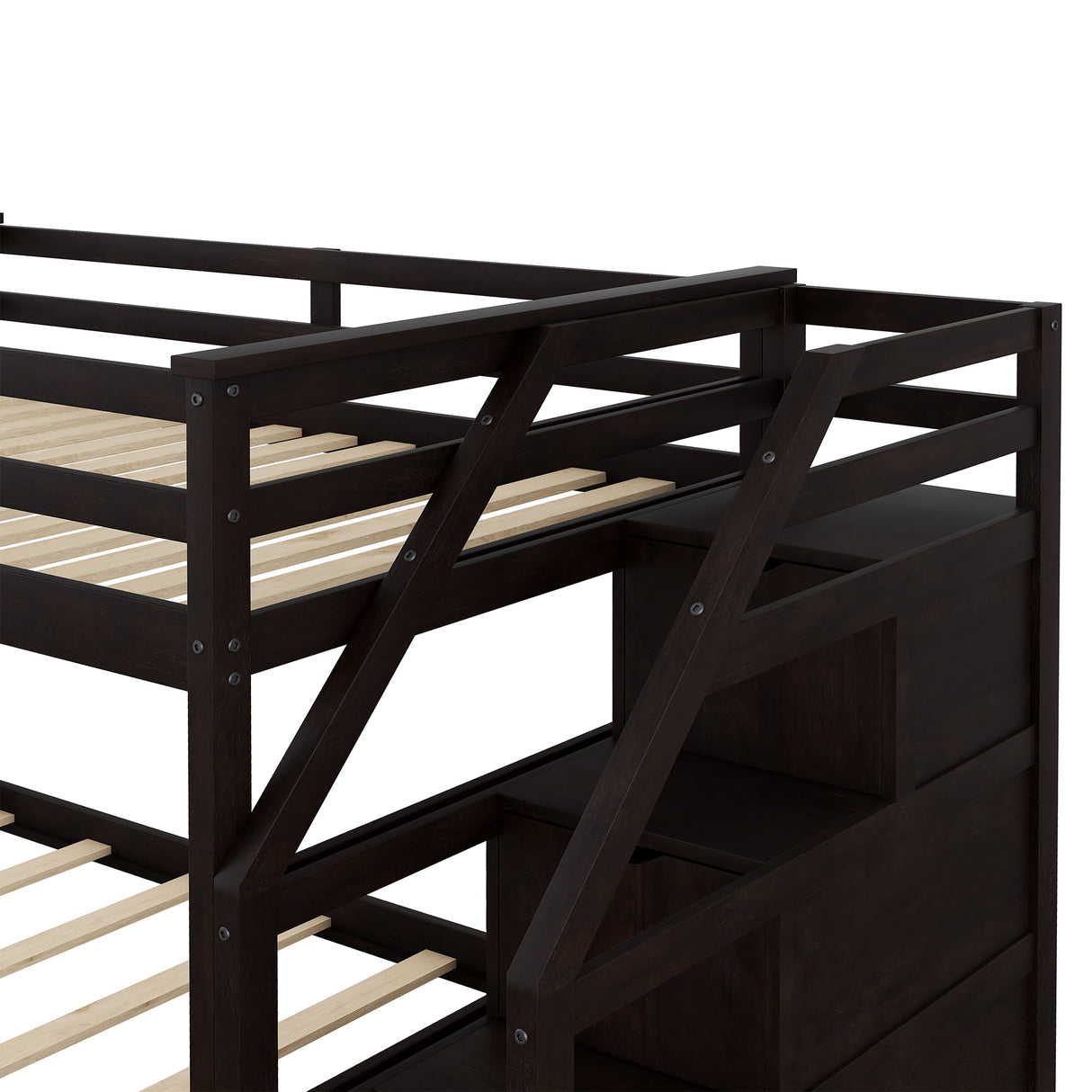 Twin-Over-Twin Bunk Bed with Twin Size Trundle and 3 Storage Stairs,Espresso (OLD SKU :LP000064AAP) - Home Elegance USA