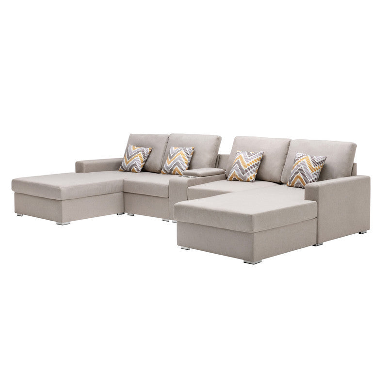 Nolan Beige Linen Fabric 5Pc Double Chaise Sectional Sofa with Interchangeable Legs, a USB, Charging Ports, Cupholders, Storage Console Table and Pillows - Home Elegance USA