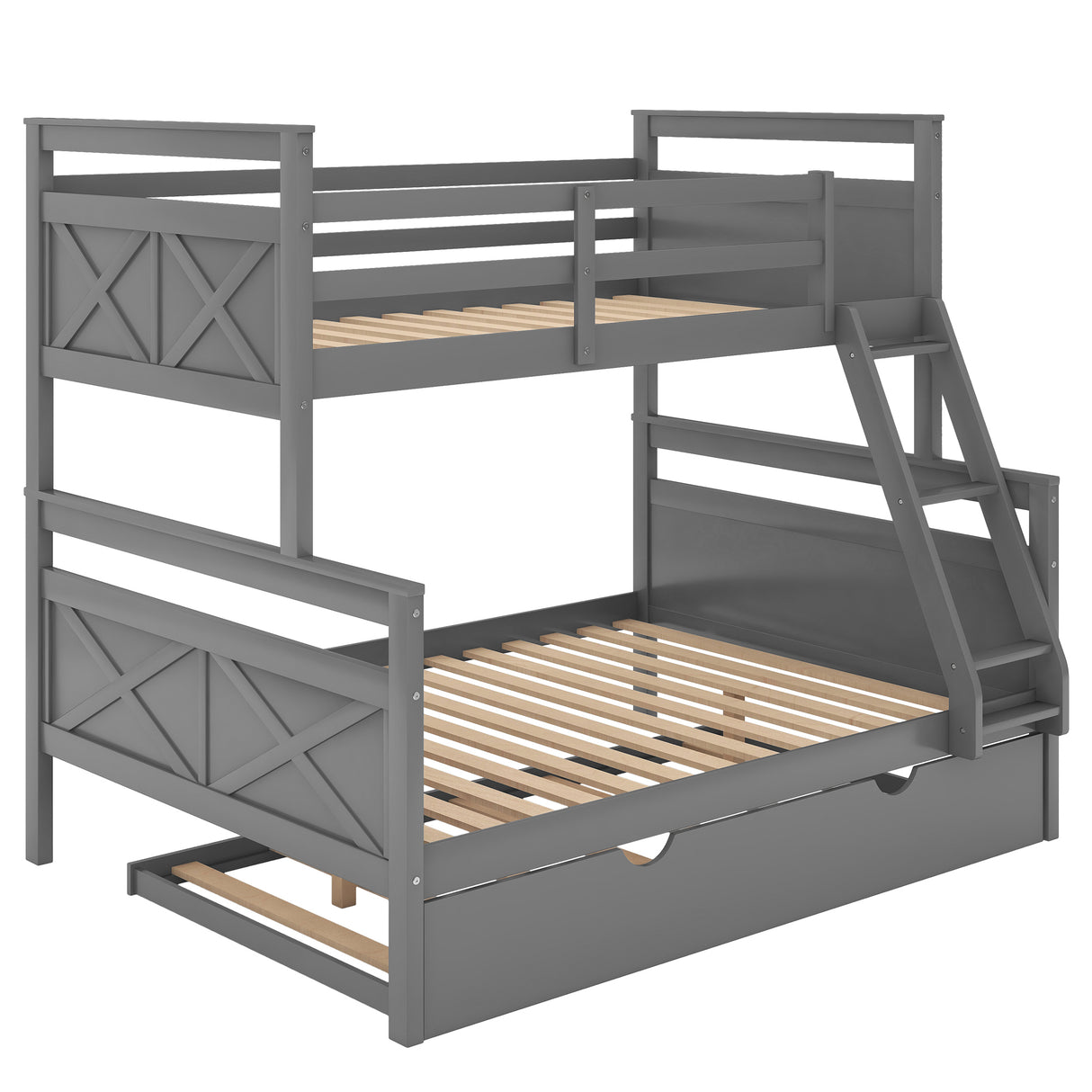 Twin over Full Bunk Bed with Ladder, Twin Size Trundle, Safety Guardrail, Gray - Home Elegance USA