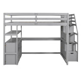 Full Size Loft Bed with Desk and Shelves, Two Built-in Drawers, Storage Staircase, Gray