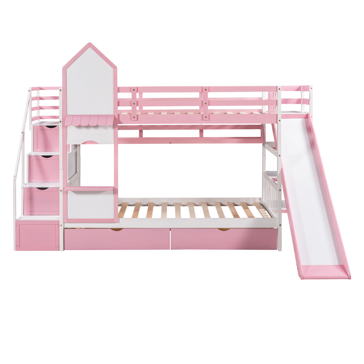 Twin-Over-Twin Castle Style Bunk Bed with 2 Drawers 3 Shelves and Slide - Pink