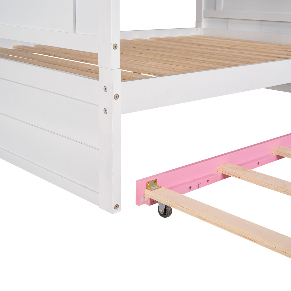 Full Over Full Bunk Bed with Trundle ,Stairs,Ladders Solid Wood Bunk bed with Storage Cabinet （White + Pink） - Home Elegance USA