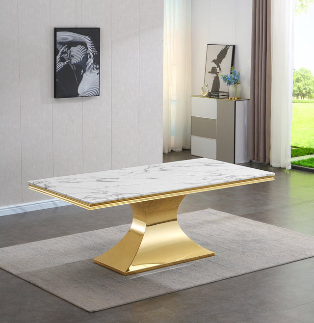 Luxurious Design Marble Rectangular Dining Table with Gold Mirrored Finish Stainless Steel Base - Home Elegance USA