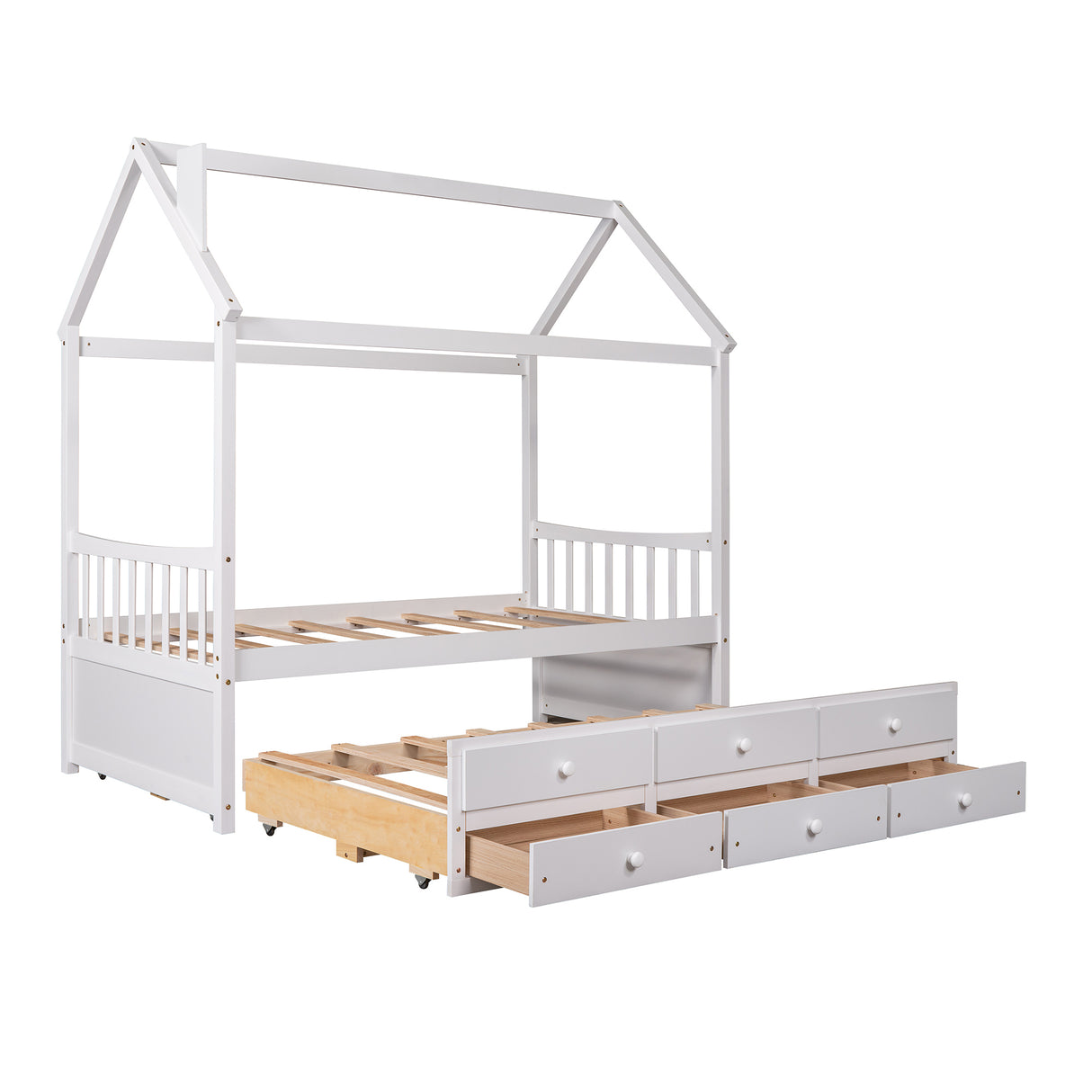 Twin size Wooden House Bed with Trundle and 3 Storage Drawers-White - Home Elegance USA