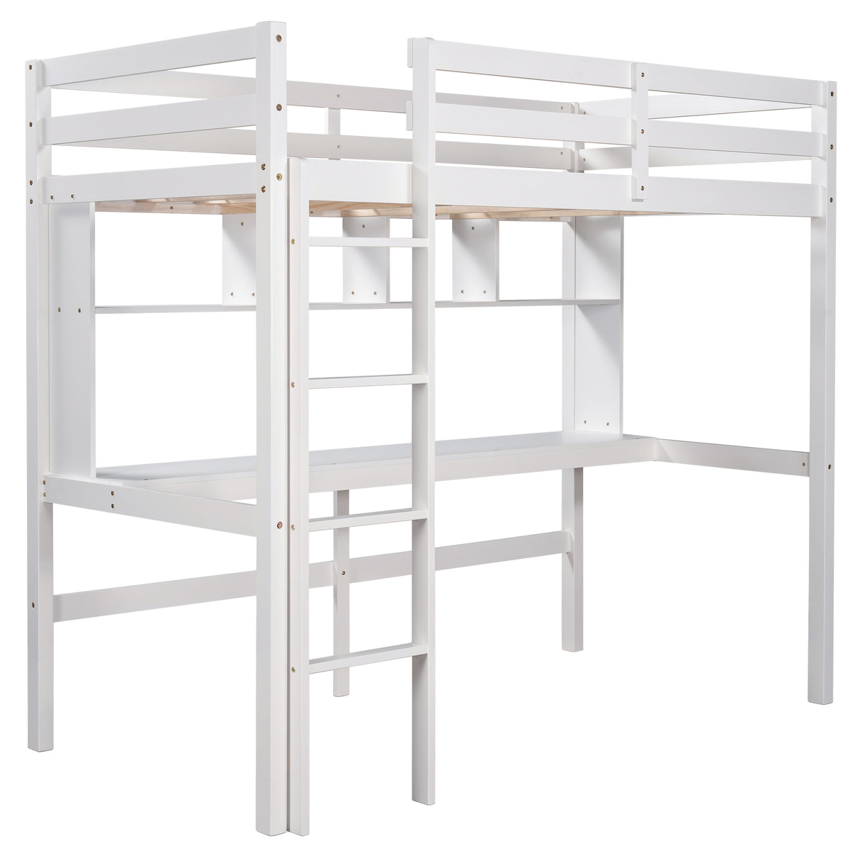 Twin Size Loft Bed with Convenient Desk, Shelves, and Ladder, White(Similar SKU:SM001302AAK) - Home Elegance USA