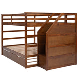 Full-over-Full Bunk Bed with Twin Size Trundle and 3 Storage Stairs,Walnut - Home Elegance USA